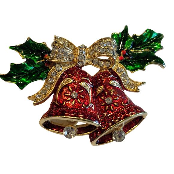 Vintage Christmas Bells Brooch Red Enamel Green Holly Gold Tone Rhinestone Bow - Picture 1 of 11